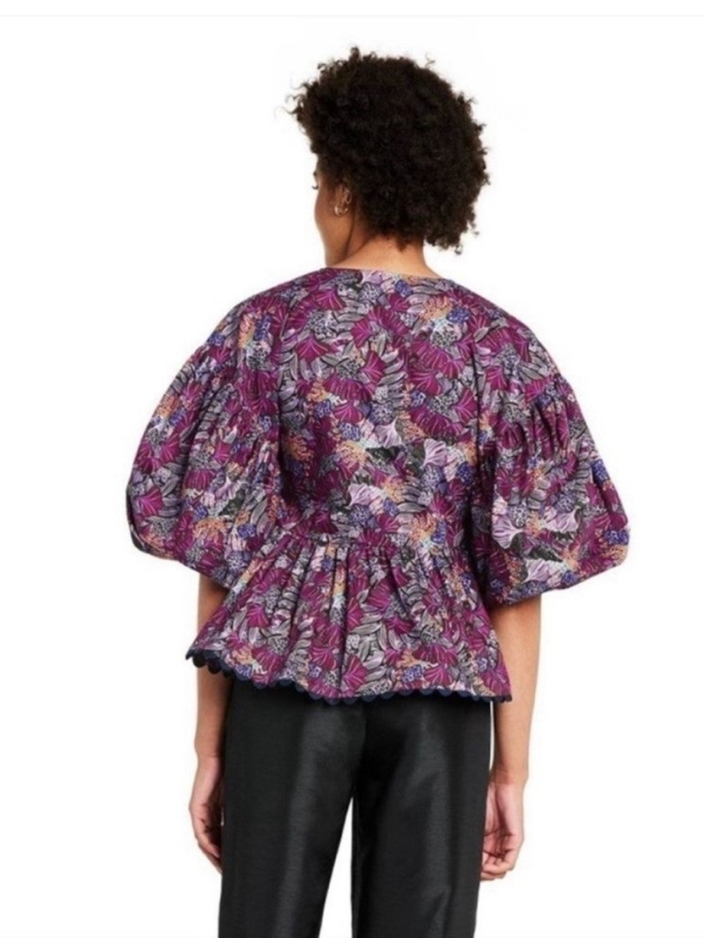 Kiki Vargas for Target - Purple Floral Puff-Sleeve V-Neck Peplum Top - Picture 2 of 4